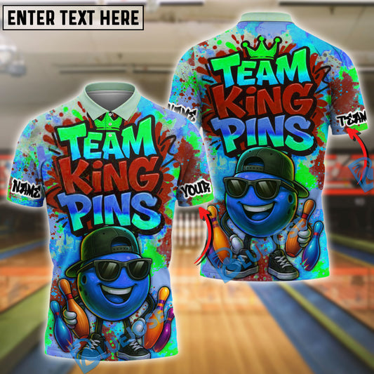 BlueJose Bowling And Pins Graffiti Style Team King Pins Customized Name 3D Shirt (4 Colors)