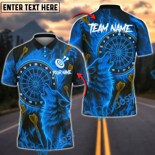 BlueJose Darts Flaming Wolf Personalized Name, Team Name Shirt (4 Colors)