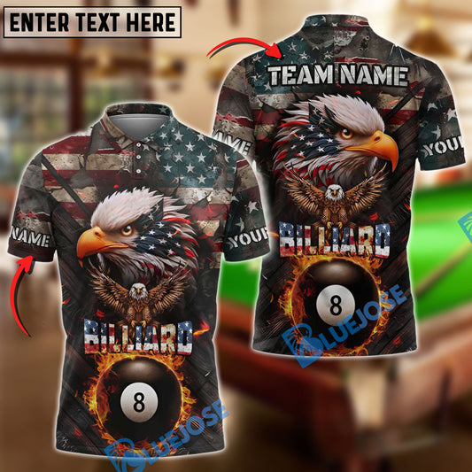BlueJose Billiards American Flag 8 Ball Pool Fire Eagle Customized Name, Team Name 3D Shirt