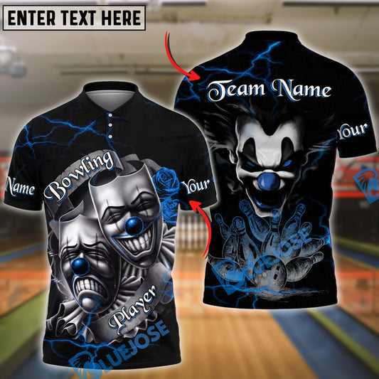 BlueJose Bowling And Pins Evil Clown & Mask Design Customized Name, Team Name 3D Shirt (4 Colors)