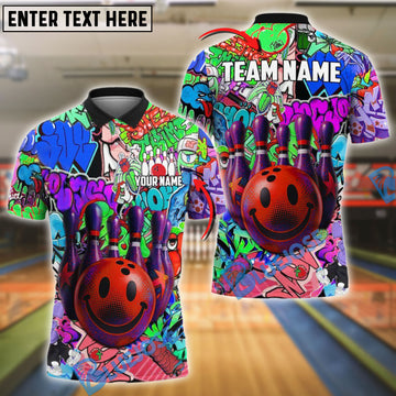 BlueJose Bowling And Pins Graffiti Funny Smiley Customized Name, Team Name 3D Shirt (4 Colors)