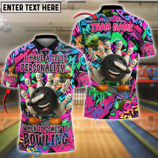 BlueJose Bowling And Pins “Split Personality” Graffiti Style Customized Name, Team Name 3D Shirt (4 Colors)