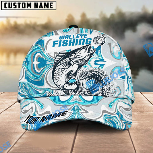 Bluejose Personalized Walleye Fishing Hat with Custom Name, Artistic Blue Water Pattern Cap, Unique Gift for Freshwater Anglers & Outdoor Fishermen