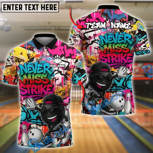 BlueJose Bowling And Pins “Never Miss Strike” Urban Hip-Hop Customized Name, Team Name 3D Shirt (4 Colors)