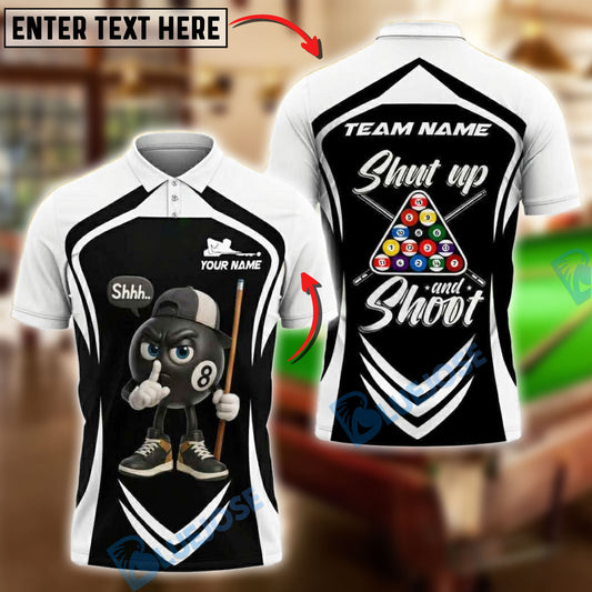 BlueJose Billiards 8-Ball Pool Shut Up and Shoot Ver Triangle Rack Personalized Name, Team Name Unisex Shirt (4 Colors)