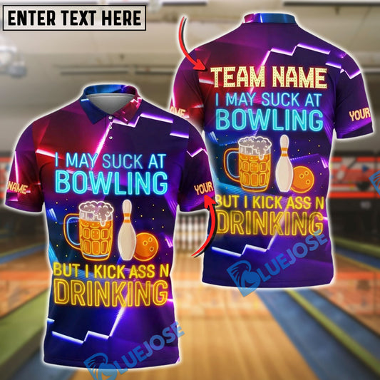 BlueJose Bowling I May Suck At Bowl And Beer Neon Style Personalized Name, Team Name 3D Shirt