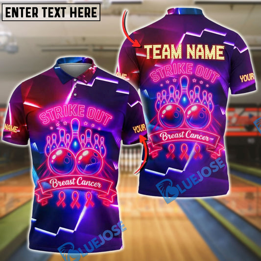 BlueJose Bowling Strike Out Breast Cancer Neon Style Personalized Name, Team Name 3D Shirt