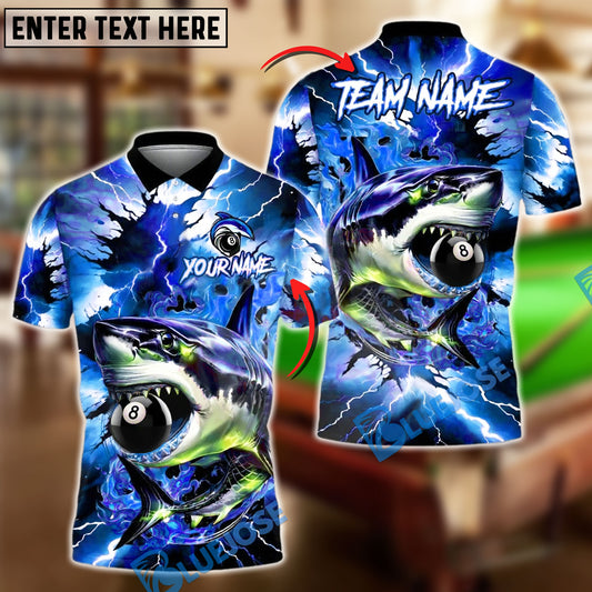 BlueJose Billiards 8-Ball Lightning Shark Personalized Name Shirt (4 Colors)