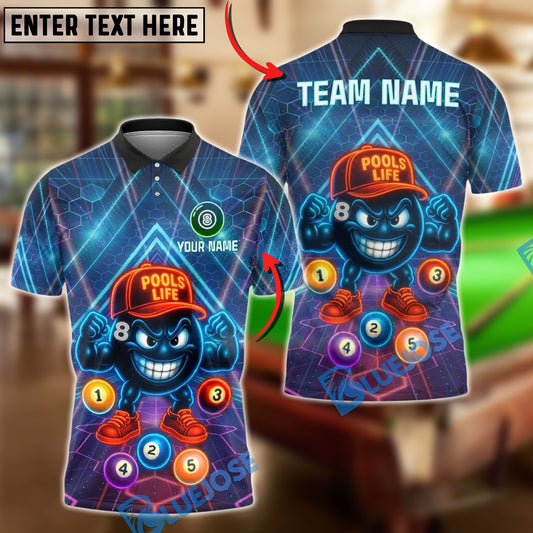 BlueJose Billiards Pools Life 8 Ball Glow Cartoon Personalized Name, Team Name Unisex Shirt (4 Colors)