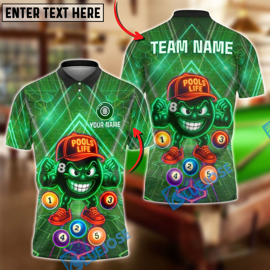 BlueJose Billiards Pools Life 8 Ball Glow Cartoon Personalized Name, Team Name Unisex Shirt (4 Colors)