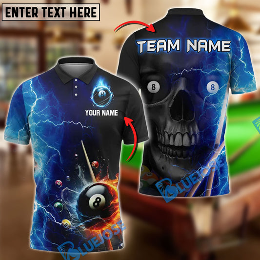 BlueJose Billiards 8-Ball Skull Lightning Strike Personalized Name Shirt (4 Colors)