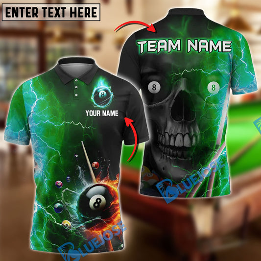BlueJose Billiards 8-Ball Skull Lightning Strike Personalized Name Shirt (4 Colors)