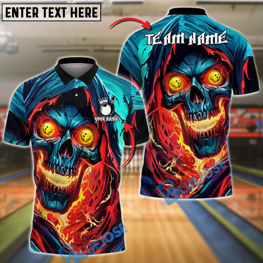 BlueJose Bowling Fiery Inferno Skull With Glowing Eyes Customized Name, Team Name 3D Shirt (4 Colors)