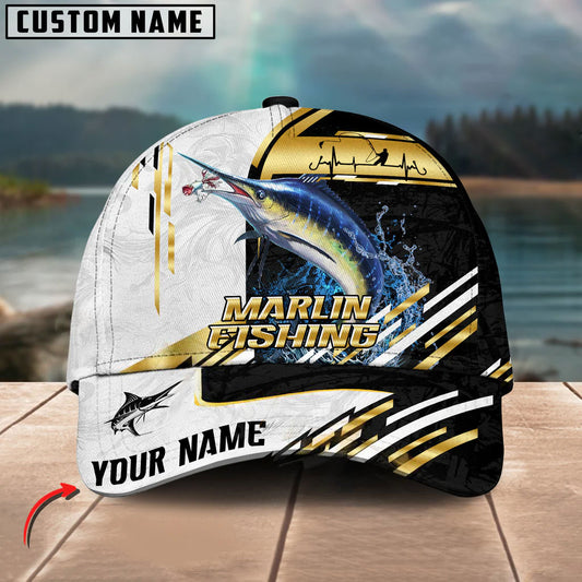BlueJose Marlin Fishing Hook Graphic & Jumping Fish Art Personalized Cap