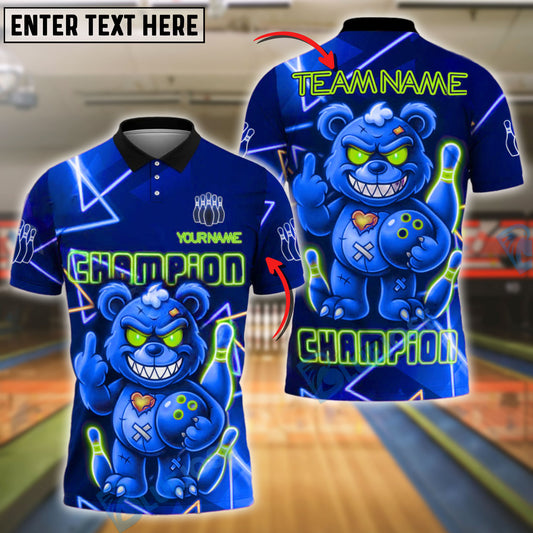 BlueJose Bowling And Pins Angry Bear Champion Neon Attitude Customized Name, Team Name 3D Shirt (4 Colors)