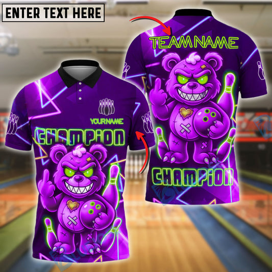 BlueJose Bowling And Pins Angry Bear Champion Neon Attitude Customized Name, Team Name 3D Shirt (4 Colors)