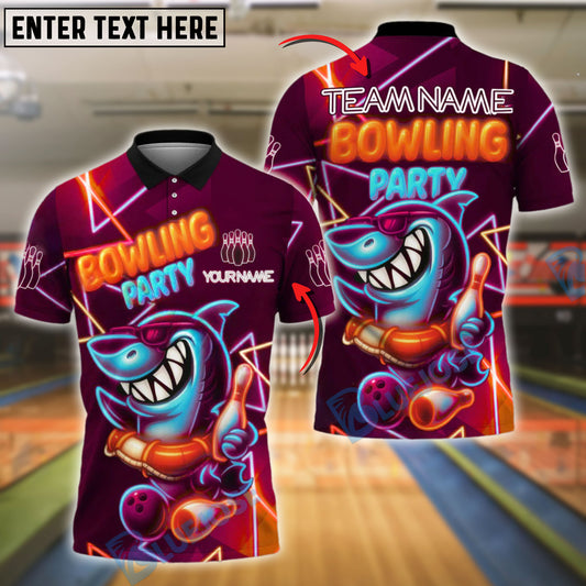 BlueJose Bowling And Pins Neon Shark Theme Bowling Party Customized Name, Team Name 3D Shirt (4 Colors)