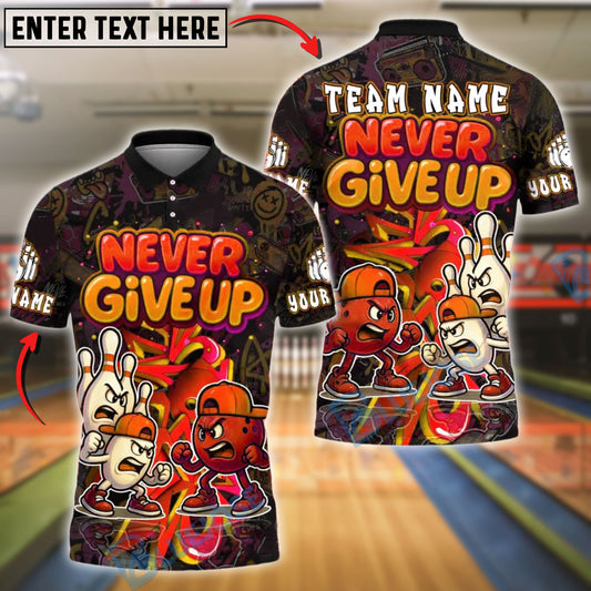 BlueJose Bowling And Pins Graffiti Never Give Up Customized Name, Team Name 3D Shirt (4 Colors)