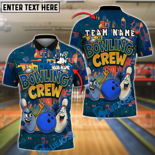 BlueJose Bowling And Pins Cartoon City Crew Customized Name, Team Name 3D Shirt (4 Colors)