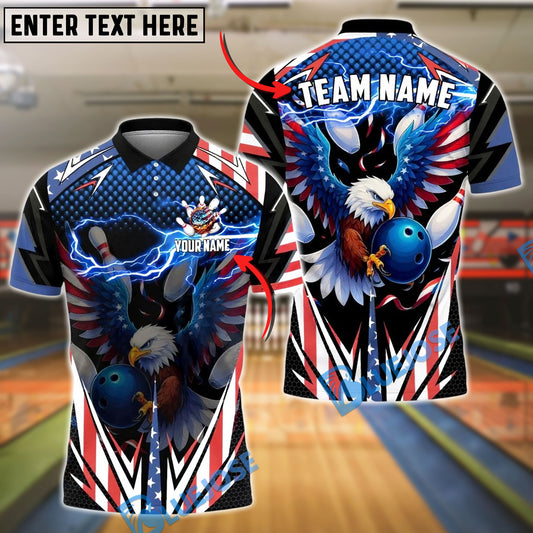 BlueJose Bowling And Pins American Bald Eagle Lightning USA Flag Style Personalized Shirt