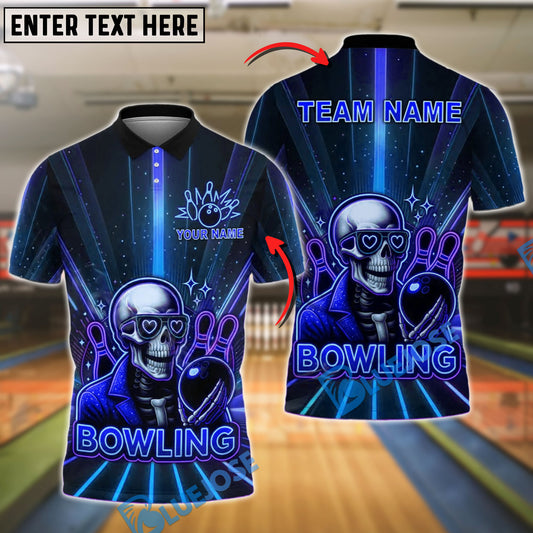 BlueJose Bowling Skull Neon Glow Customized Name, Team Name 3D Shirt (4 Colors)