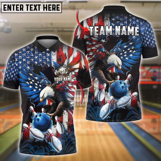 BlueJose Bowling Eagle Retro US Flag Personalized Name, Team Name 3D Shirt