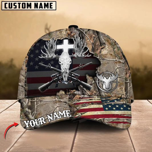 BlueJose Moose Hunting Cross Antler Skull & Rifles USA Flag Design Customized Name 3D Classic Cap