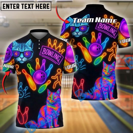 BlueJose Bowling And Pins Neon Cat Pattern Customized Name, Team Name 3D Shirt (4 Colors)