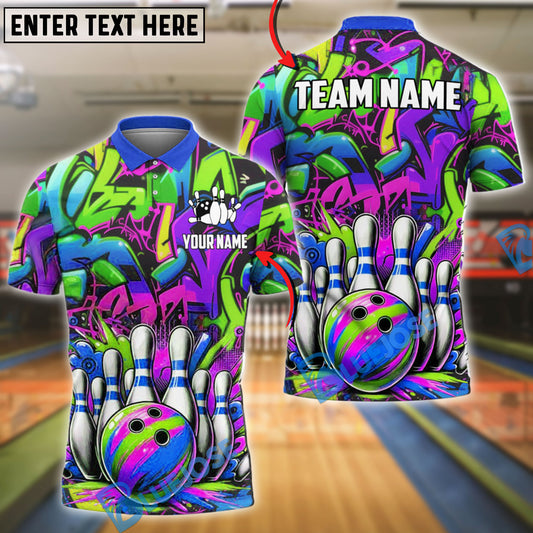 BlueJose Bowling And Pins Graffiti Street Style Customized Name, Team Name 3D Shirt (4 Colors)