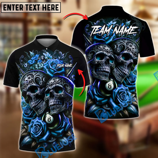 BlueJose Billiards 8-Ball Gothic Skull & Rose Personalized Name Shirt (4 Colors)
