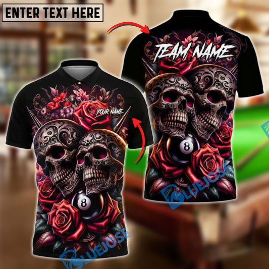 BlueJose Billiards 8-Ball Gothic Skull & Rose Personalized Name Shirt (4 Colors)