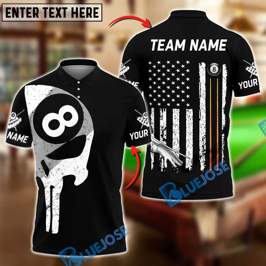 BlueJose Billiards Ball 8 Skull American Flag Customized Name, Team Name 3D Shirt