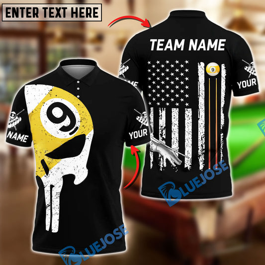 BlueJose Billiards Ball 9 Skull American Flag Customized Name, Team Name 3D Shirt