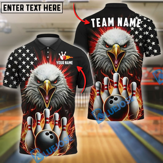 BlueJose Bowling And Pins Fire Eagle USA Flag Pattern Customized Name, Team Name 3D Shirt (4 Colors