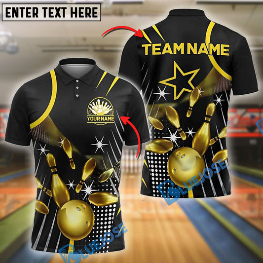 BlueJose Bowling And Pins Golden Star Style Customized Name, Team Name 3D Shirt (4 Colors)