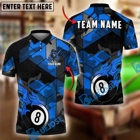 BlueJose Billiards Ball 8 Flaming Camo Personalized Name & Team Name Shirt (4 Colors)