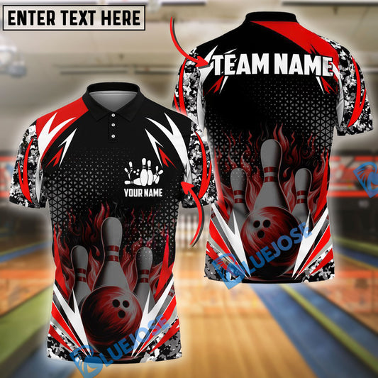 BlueJose Bowling And Pins Flame Thunder Pattern Customized Name, Team Name 3D Shirt (4 Colors)