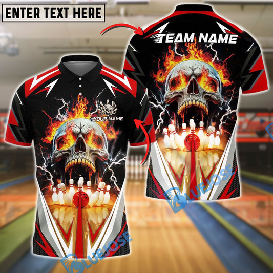BlueJose Bowling And Pins Flaming Into Skull Strike Customized Name, Team Name 3D Shirt (4 Colors)