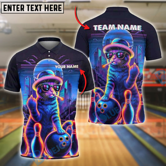 BlueJose Bowling And Pins Cat Neon Style Customized Name, Team Name 3D Shirt (4 Colors)