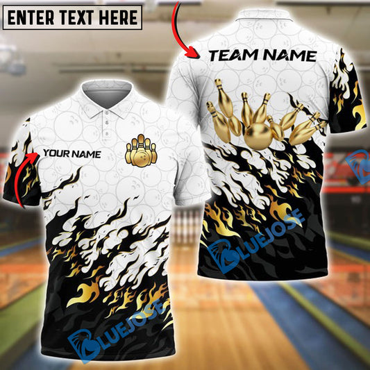 BlueJose Bowling And Pins Golden Fire Customized Name 3D Shirt (4 Colors)