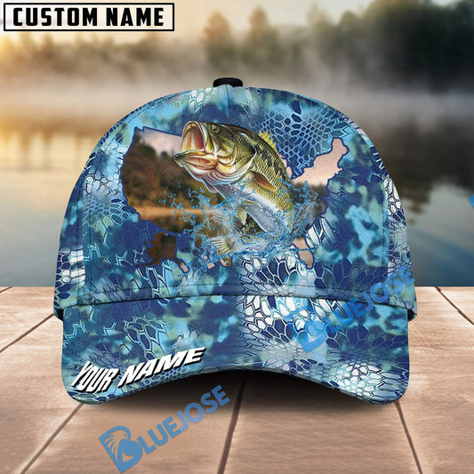 Bluejose Bass Fishing US Map Fish Skin Pattern Personalized Cap