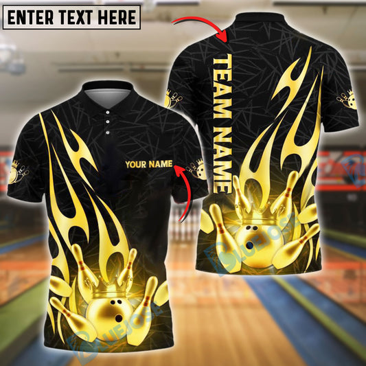 BlueJose Bowling And Pins Gold Flame Crown Design Royal Style Customized Name, Team Name 3D Shirt (4 Colors)
