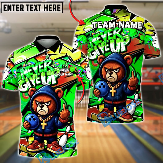 BlueJose Bowling And Pins Bear Never Give Up Graffiti Customized Name, Team Name 3D Shirt (4 Colors)
