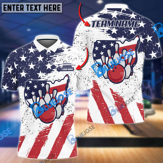 BlueJose Bowling US Flag Map Customized Name, Team Name 3D Shirt