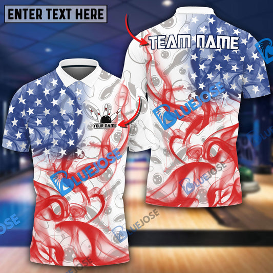 BlueJose Bowling And Pins Smoke American Flag Customized Name, Team Name 3D Shirt