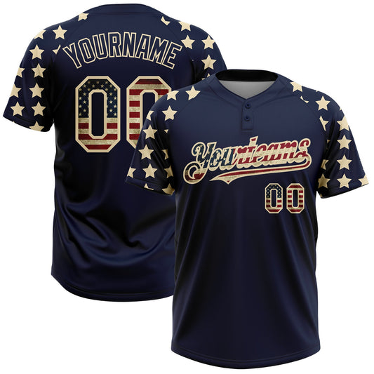 BlueJose Personalized Navy Vintage USA Flag-Cream 3D American Flag Fashion Two-Button Unisex Softball Jersey