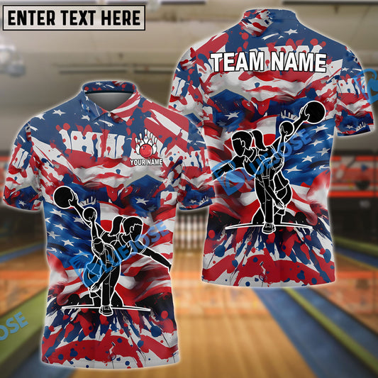 BlueJose Bowling And Pins America Flag Paint Style Customized Name, Team Name 3D Shirt