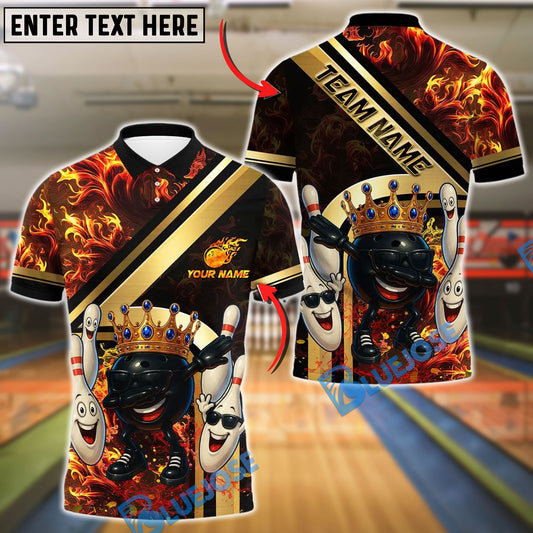 BlueJose Bowling And Pins Royal Fireball Gold Stripe Dab Design Customized Name, Team Name 3D Shirt (4 Colors)