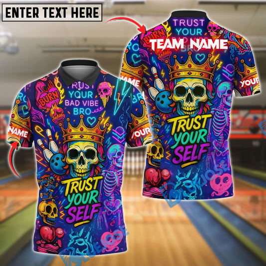 BlueJose Bowling And Pins Neon Skull Vibes Personalized Name, Team Name Unisex Shirt
