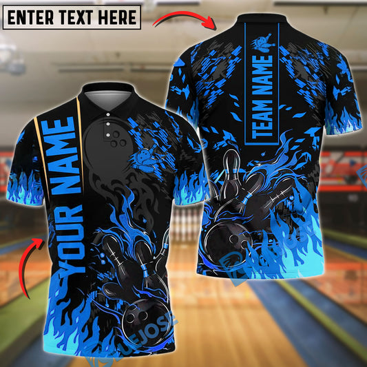 BlueJose Bowling And Pins Black Basic Flaming Design Customized Name 3D Shirt (6 Colors)